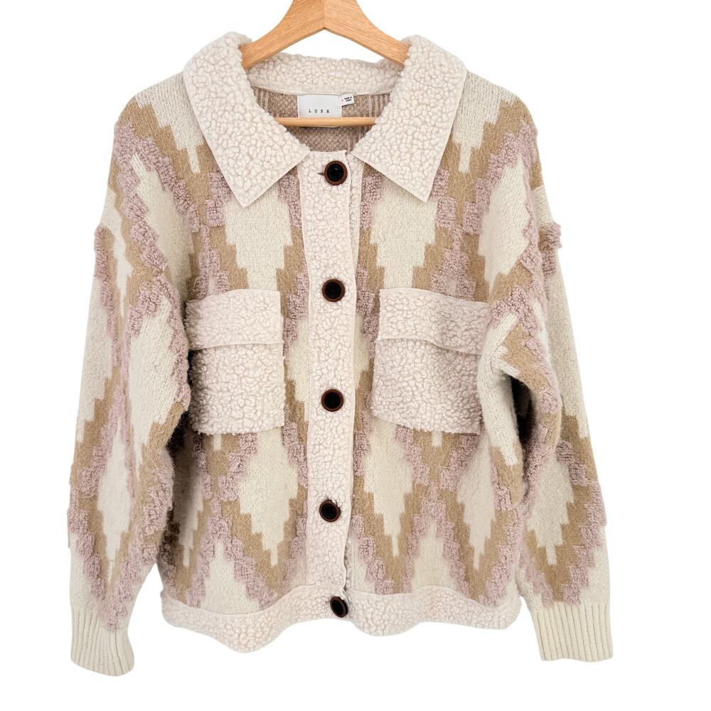Lush Boho Geometric Sherpa Trim Button Sweater Cardigan Jacket Cream Latte Mauve